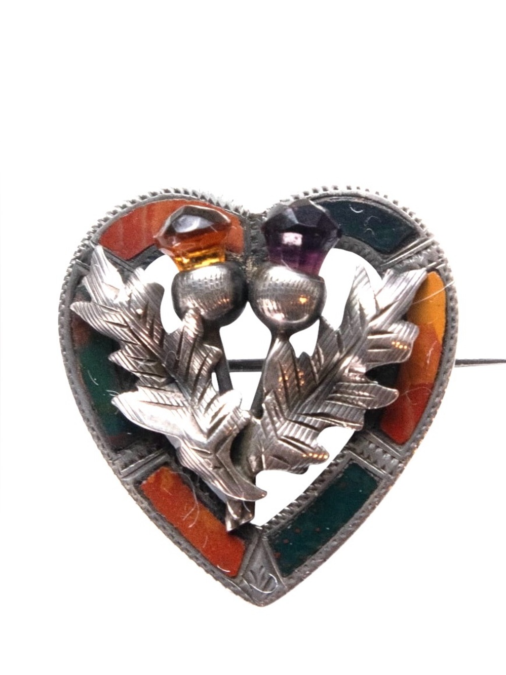 Antique Adie & Lovekin Sterling Silver Scottish Agate Heart Thistle Brooch